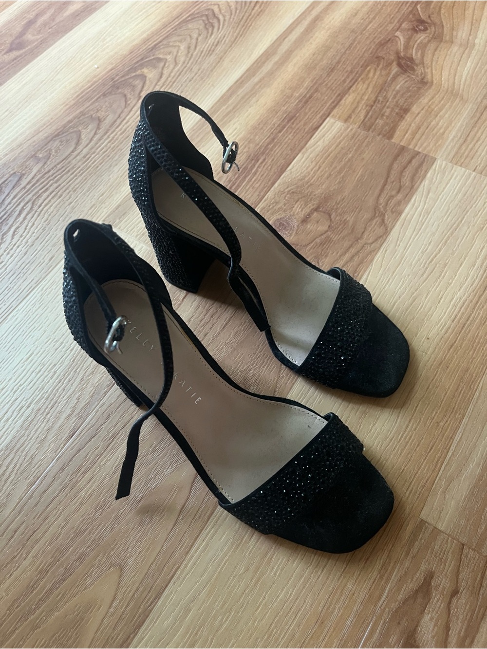 Kelly & Katie Black Glitter Block Heel Ankle-Strap Sandals